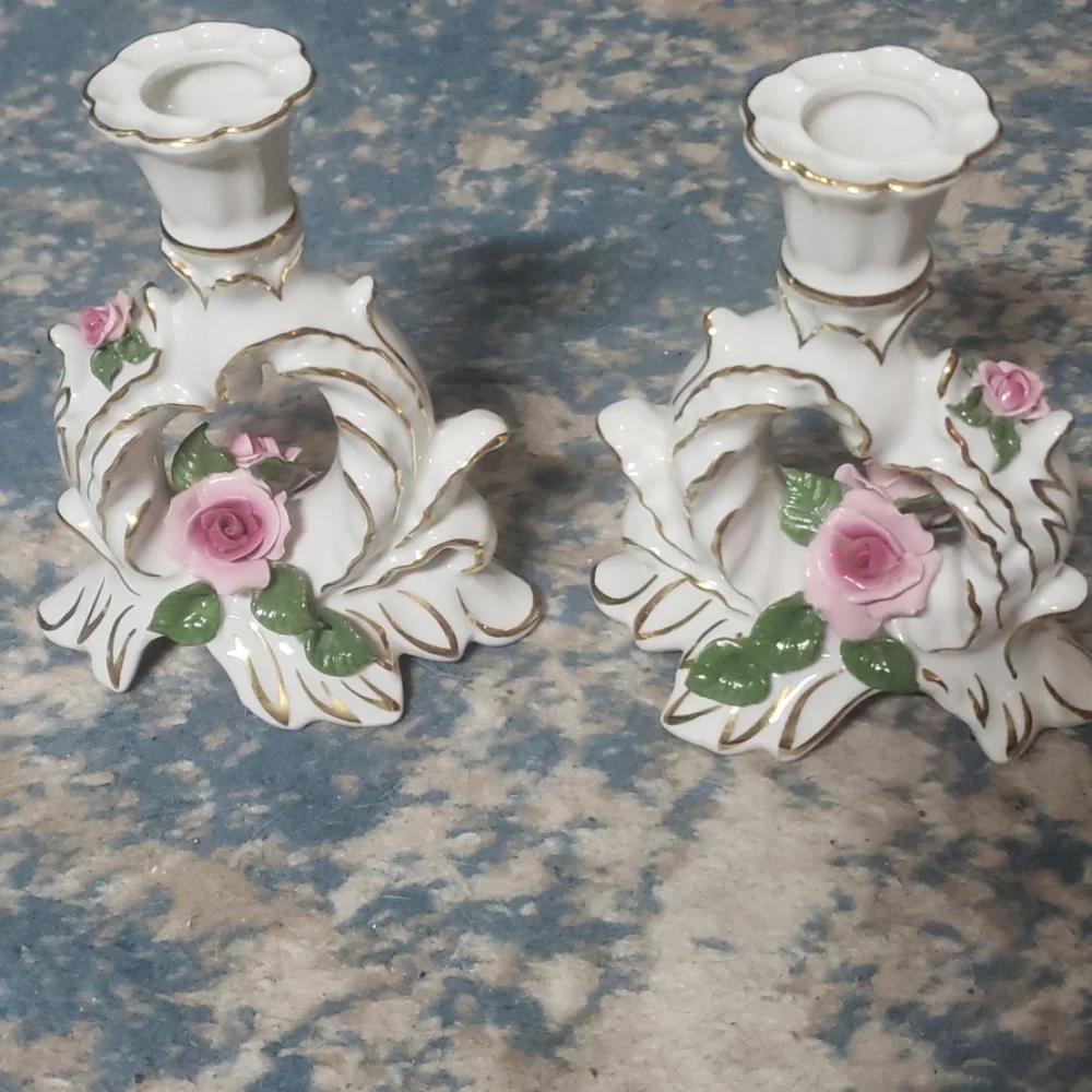 Vtg ANTIQUE Dresden  Porcelain Candlestick Holders